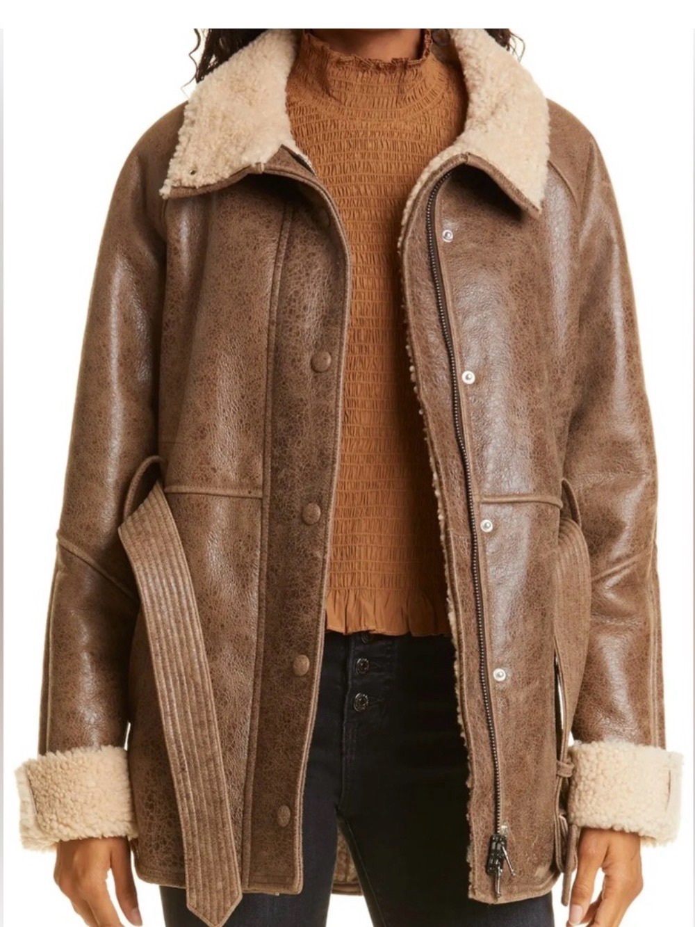 Veronica Beard Brown Real-Shearling Aviator Jacket Large Bonny Leather Coat L